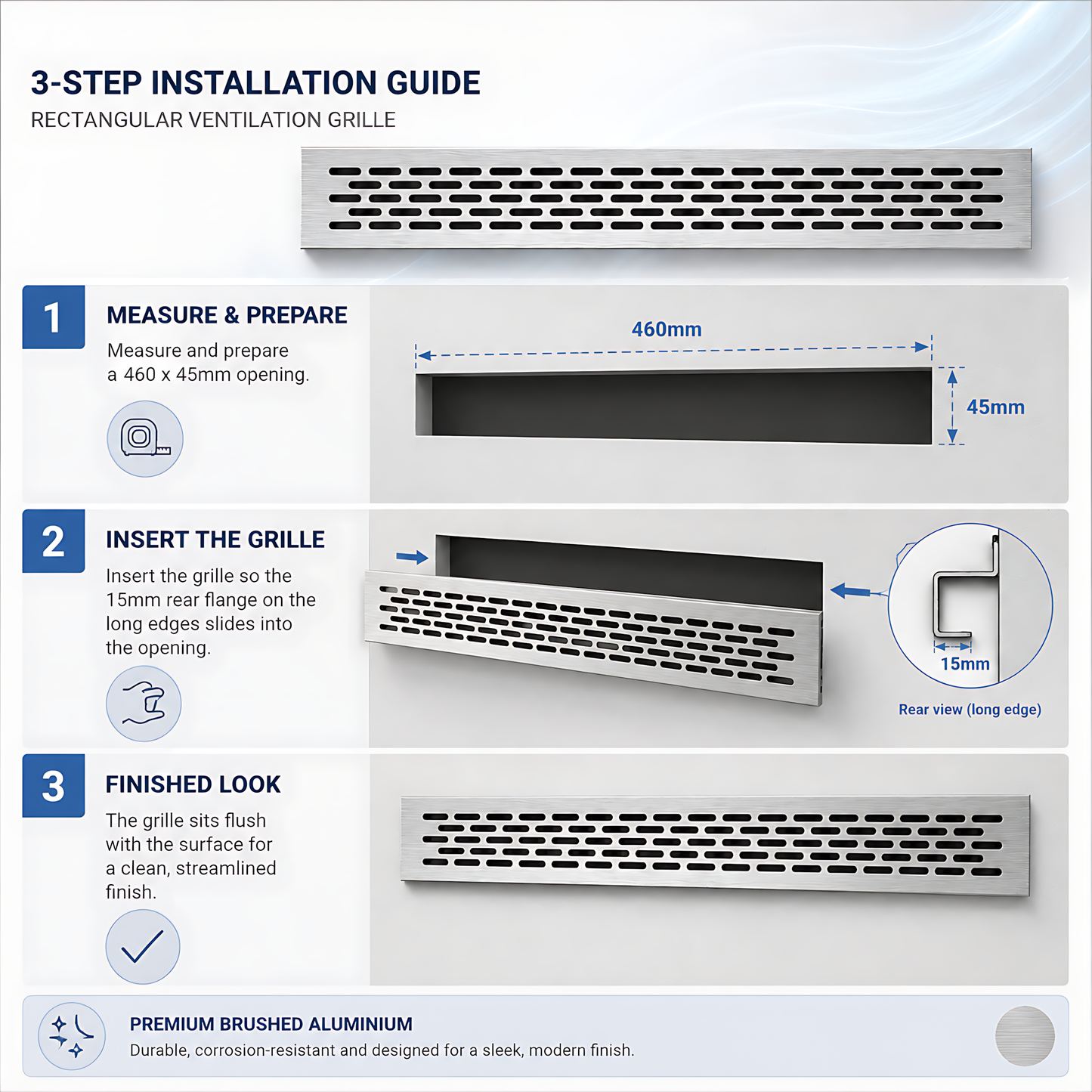Rectangular Metal Ventilation Grille 460 x 45mm - Brushed Aluminium Colour - Air Vent Cover,  485 x 60mm Overall, 15mm Flange
