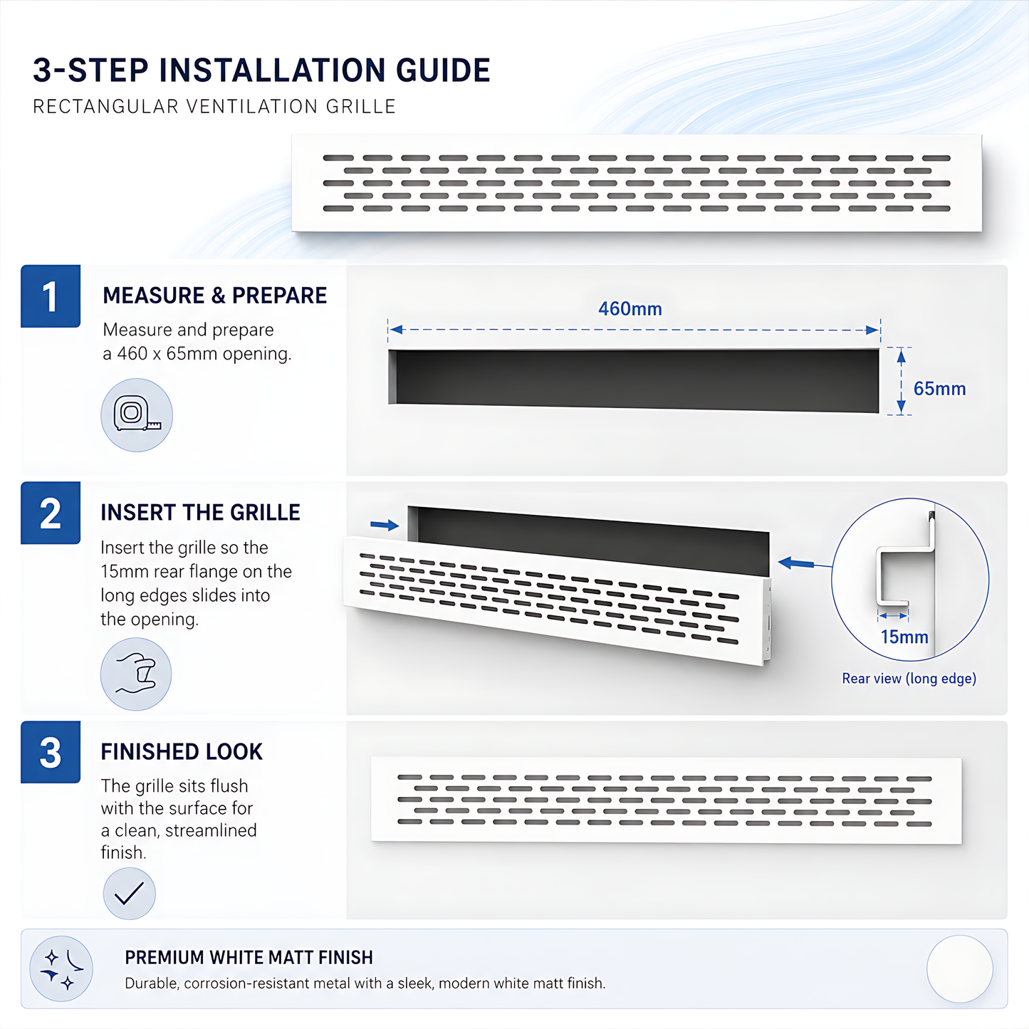 Rectangular Metal Ventilation Grille 460 x 65mm - White Matt Colour - Air Vent Cover,  485 x 80mm Overall, 15mm Flange