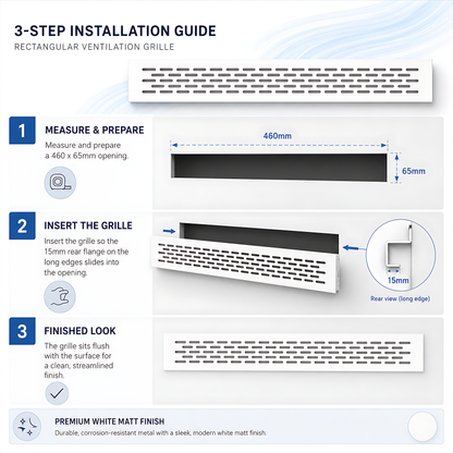 Rectangular Metal Ventilation Grille 460 x 65mm - White Matt Colour - Air Vent Cover,  485 x 80mm Overall, 15mm Flange