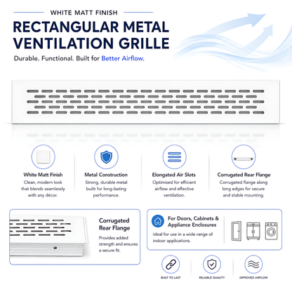 Rectangular Metal Ventilation Grille 460 x 65mm - White Matt Colour - Air Vent Cover,  485 x 80mm Overall, 15mm Flange