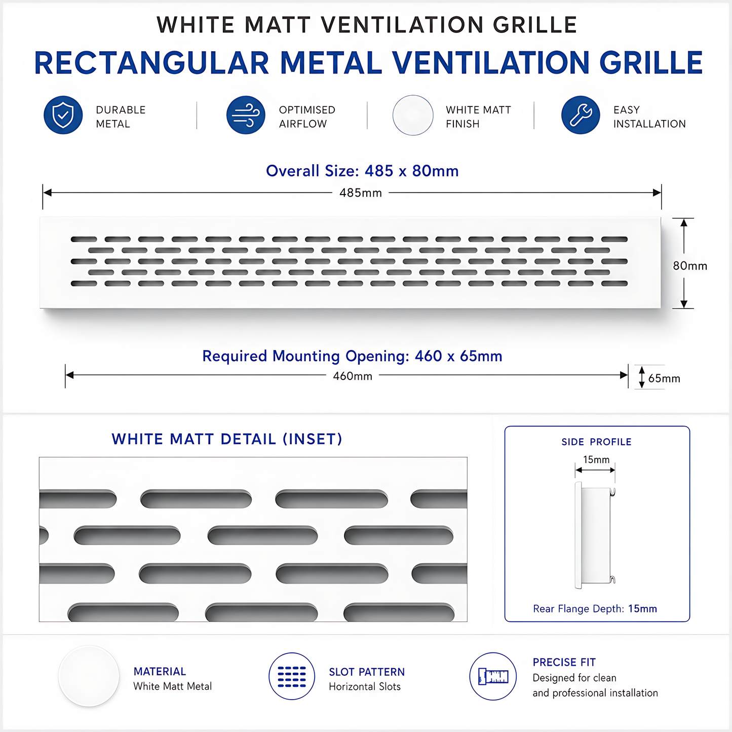 Rectangular Metal Ventilation Grille 460 x 65mm - White Matt Colour - Air Vent Cover,  485 x 80mm Overall, 15mm Flange