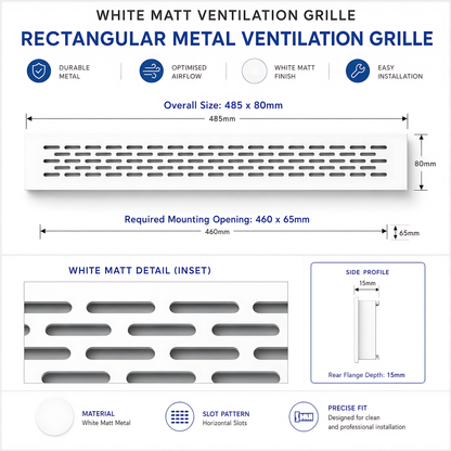 Rectangular Metal Ventilation Grille 460 x 65mm - White Matt Colour - Air Vent Cover,  485 x 80mm Overall, 15mm Flange