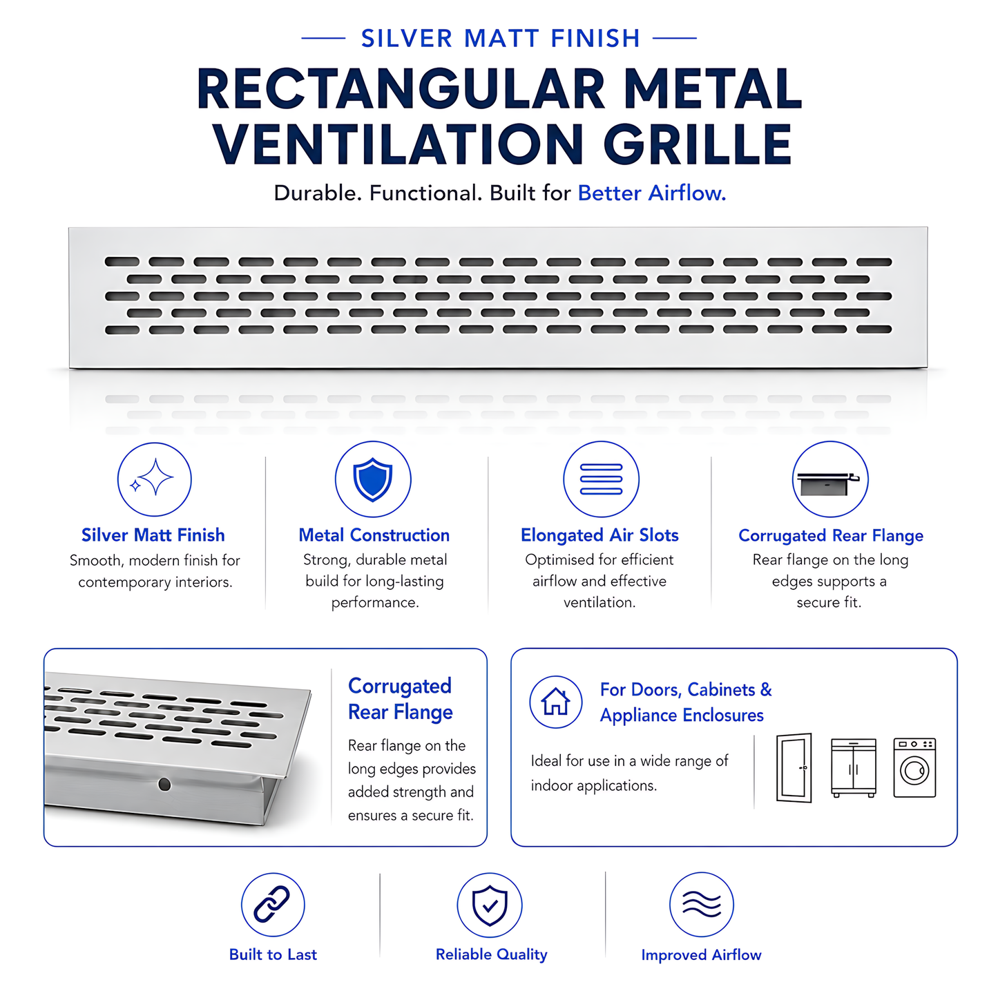 Rectangular Metal Ventilation Grille 460 x 65mm - Silver Matt Colour - Air Vent Cover,  485 x 80mm Overall, 15mm Flange