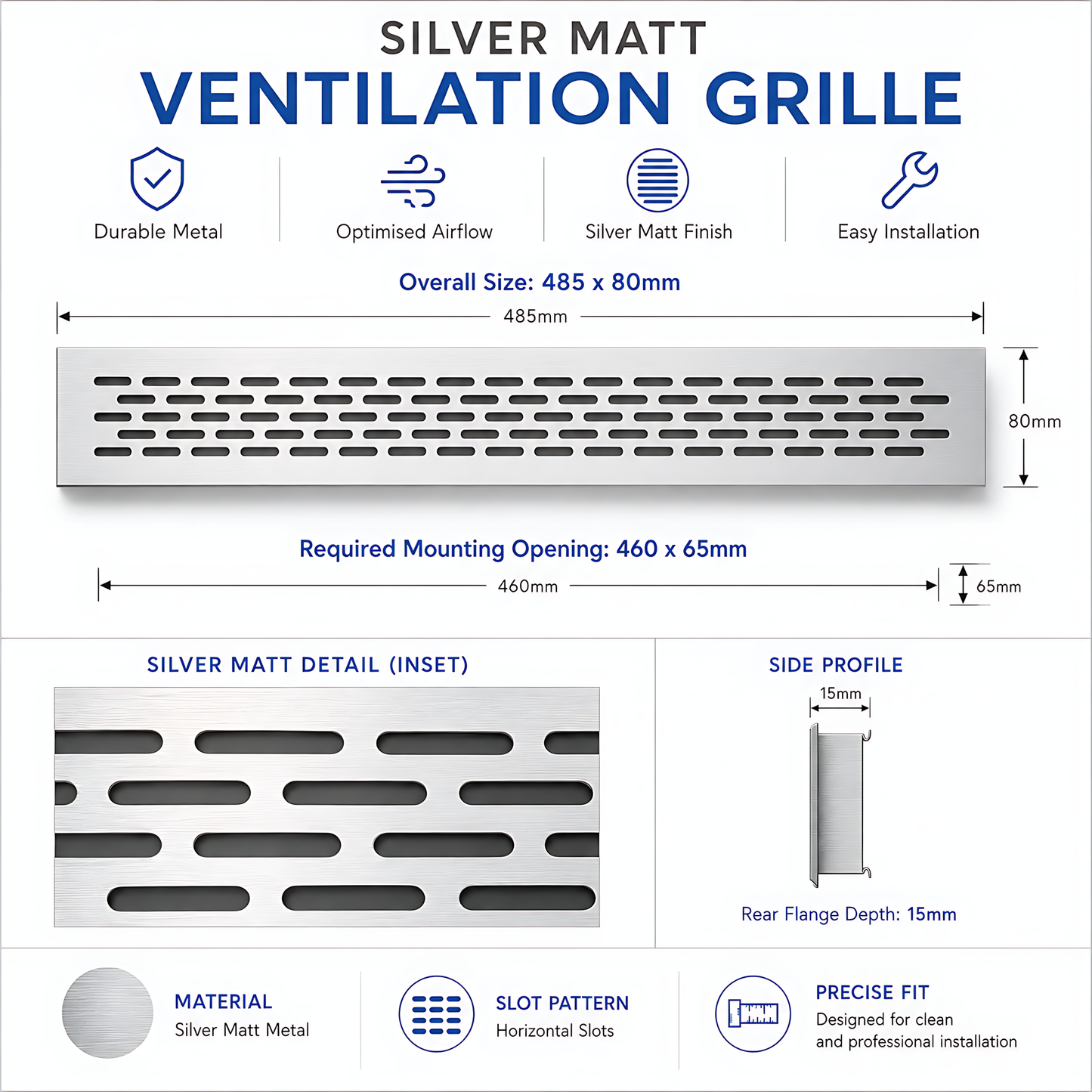 Rectangular Metal Ventilation Grille 460 x 65mm - Silver Matt Colour - Air Vent Cover,  485 x 80mm Overall, 15mm Flange