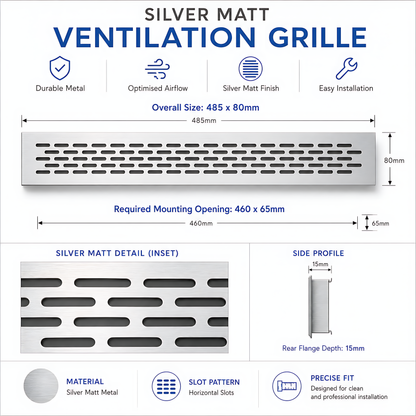 Rectangular Metal Ventilation Grille 460 x 65mm - Silver Matt Colour - Air Vent Cover,  485 x 80mm Overall, 15mm Flange