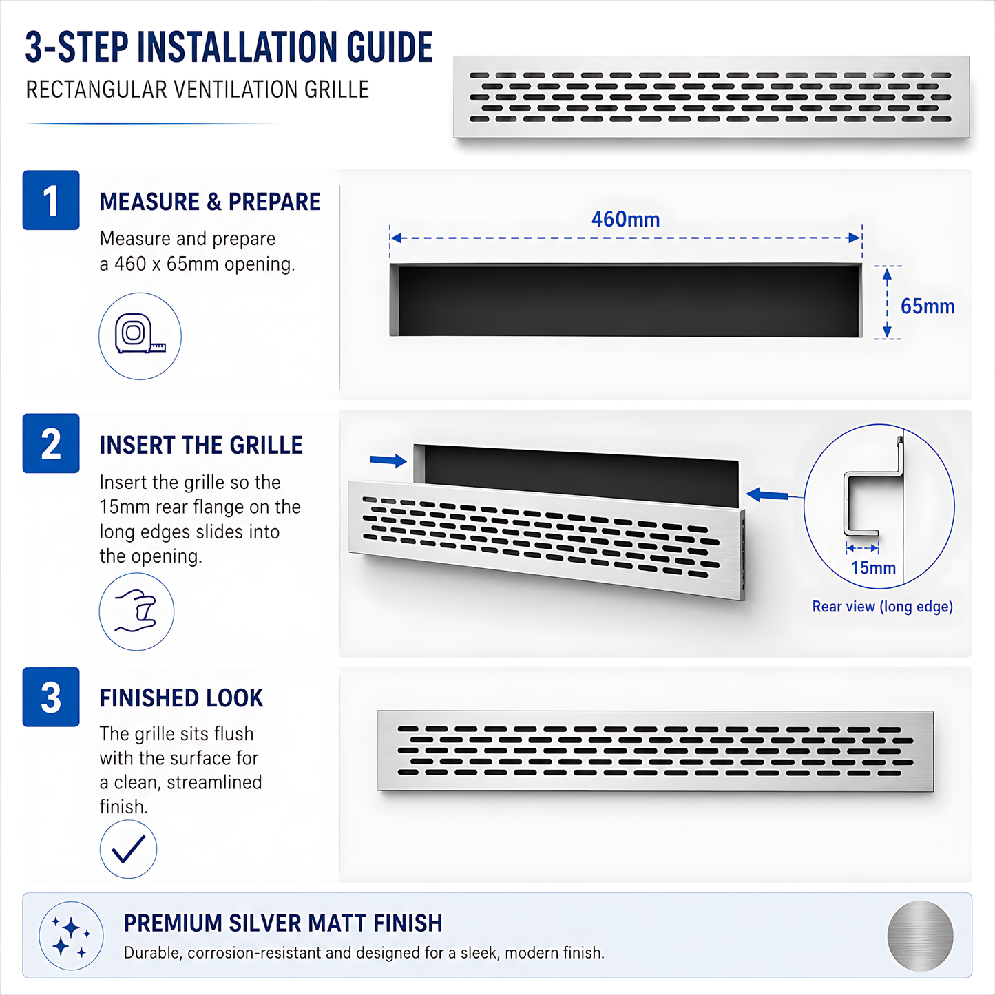Rectangular Metal Ventilation Grille 460 x 65mm - Silver Matt Colour - Air Vent Cover,  485 x 80mm Overall, 15mm Flange