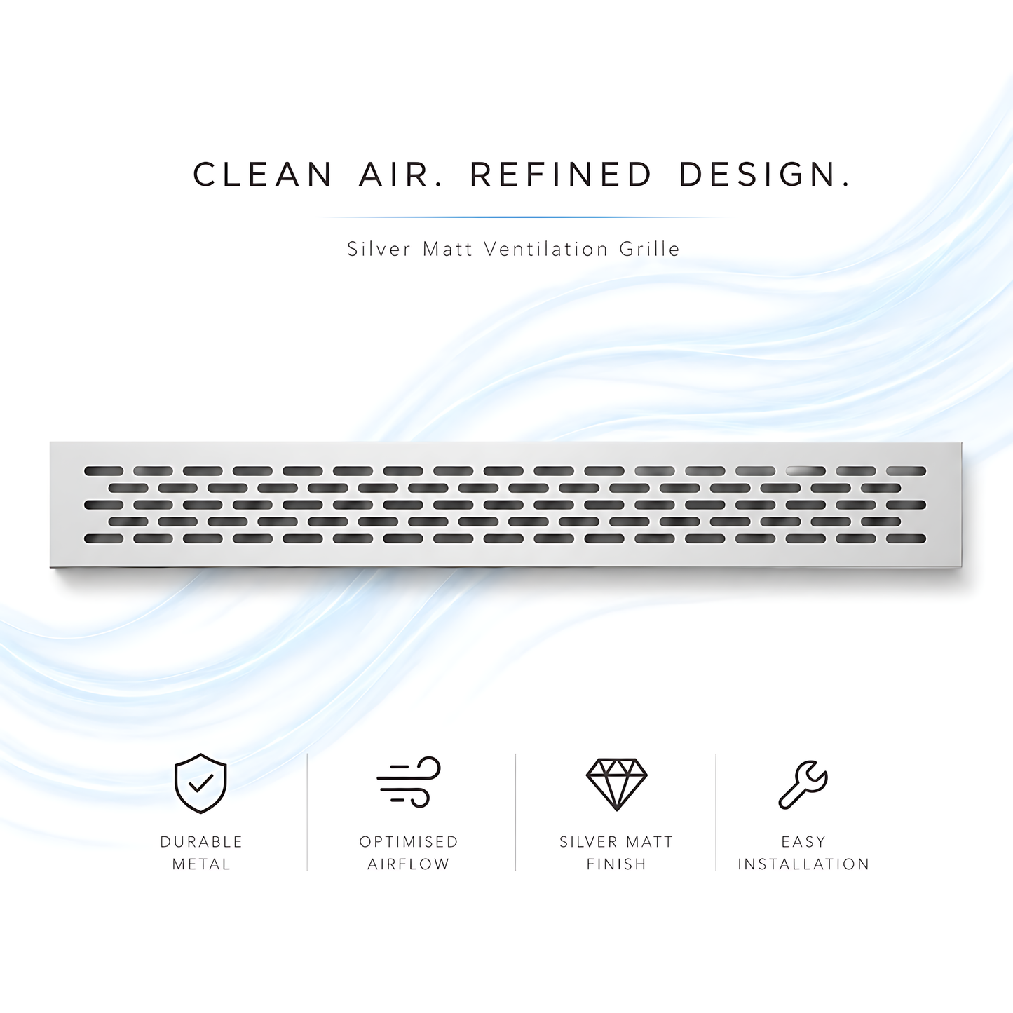 Rectangular Metal Ventilation Grille 460 x 65mm - Silver Matt Colour - Air Vent Cover,  485 x 80mm Overall, 15mm Flange