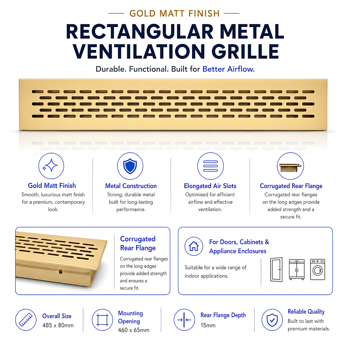 Rectangular Metal Ventilation Grille 460 x 65mm - Gold Matt Colour - Air Vent Cover,  485 x 80mm Overall, 15mm Flange