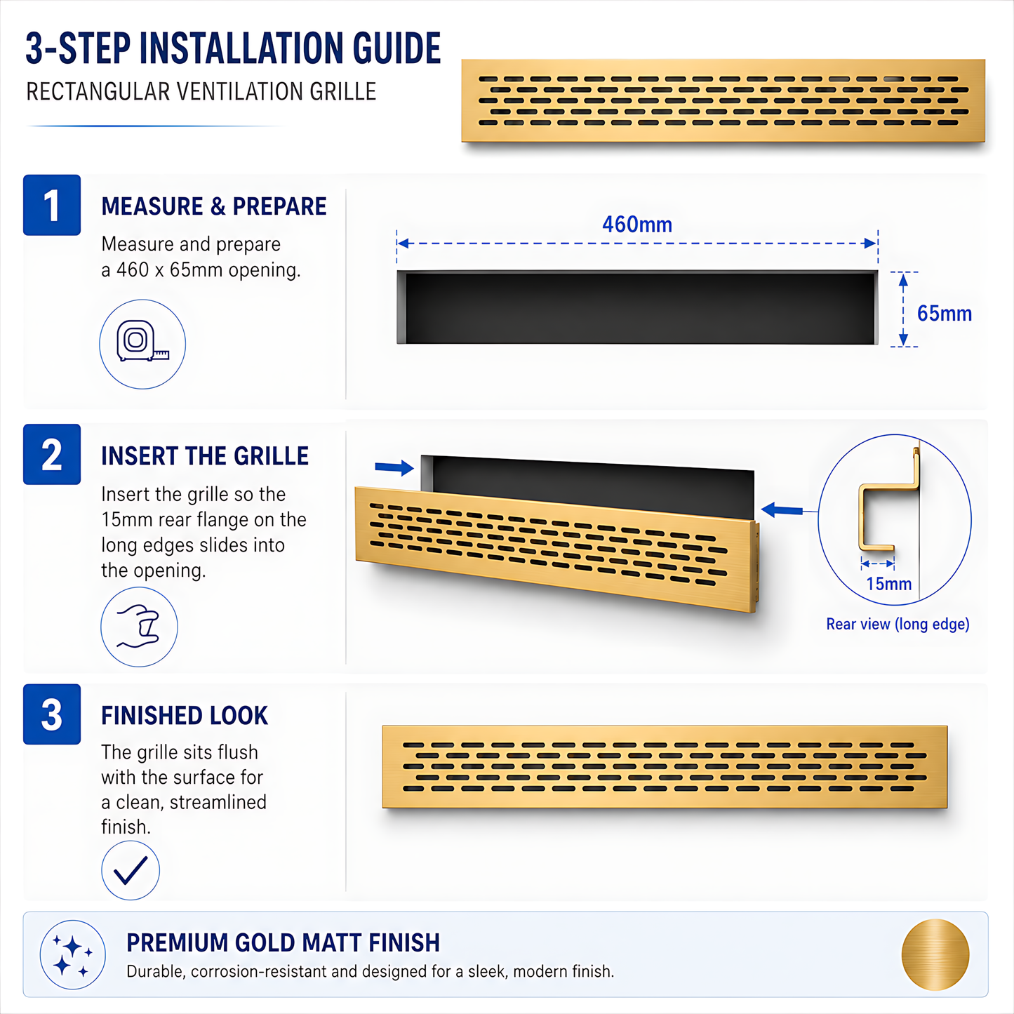 Rectangular Metal Ventilation Grille 460 x 65mm - Gold Matt Colour - Air Vent Cover,  485 x 80mm Overall, 15mm Flange