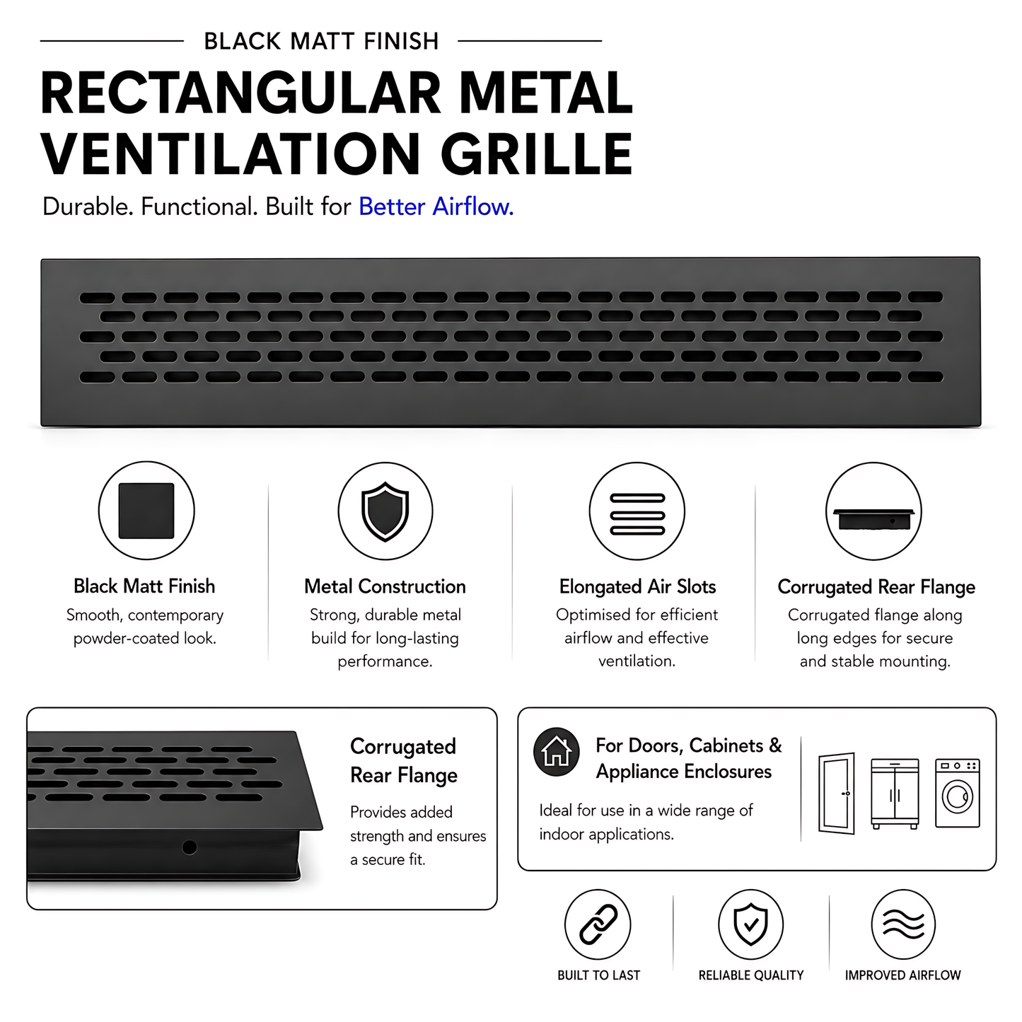 Rectangular Metal Ventilation Grille 460 x 65mm - Black Matt Colour - Air Vent Cover,  485 x 80mm Overall, 15mm Flange