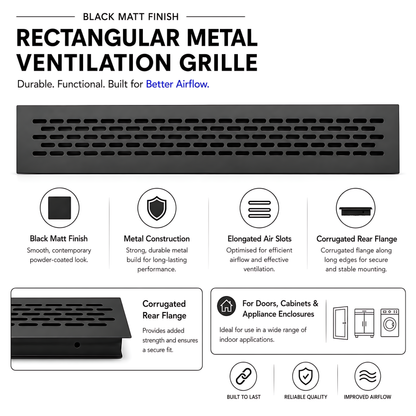Rectangular Metal Ventilation Grille 460 x 65mm - Black Matt Colour - Air Vent Cover,  485 x 80mm Overall, 15mm Flange