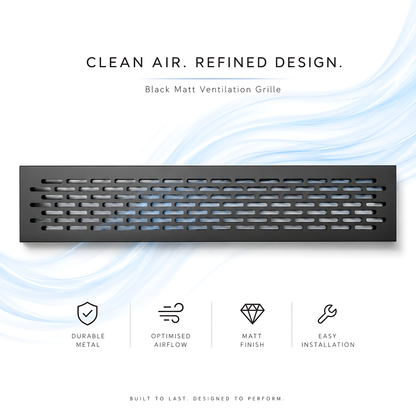 Rectangular Metal Ventilation Grille 460 x 65mm - Black Matt Colour - Air Vent Cover,  485 x 80mm Overall, 15mm Flange