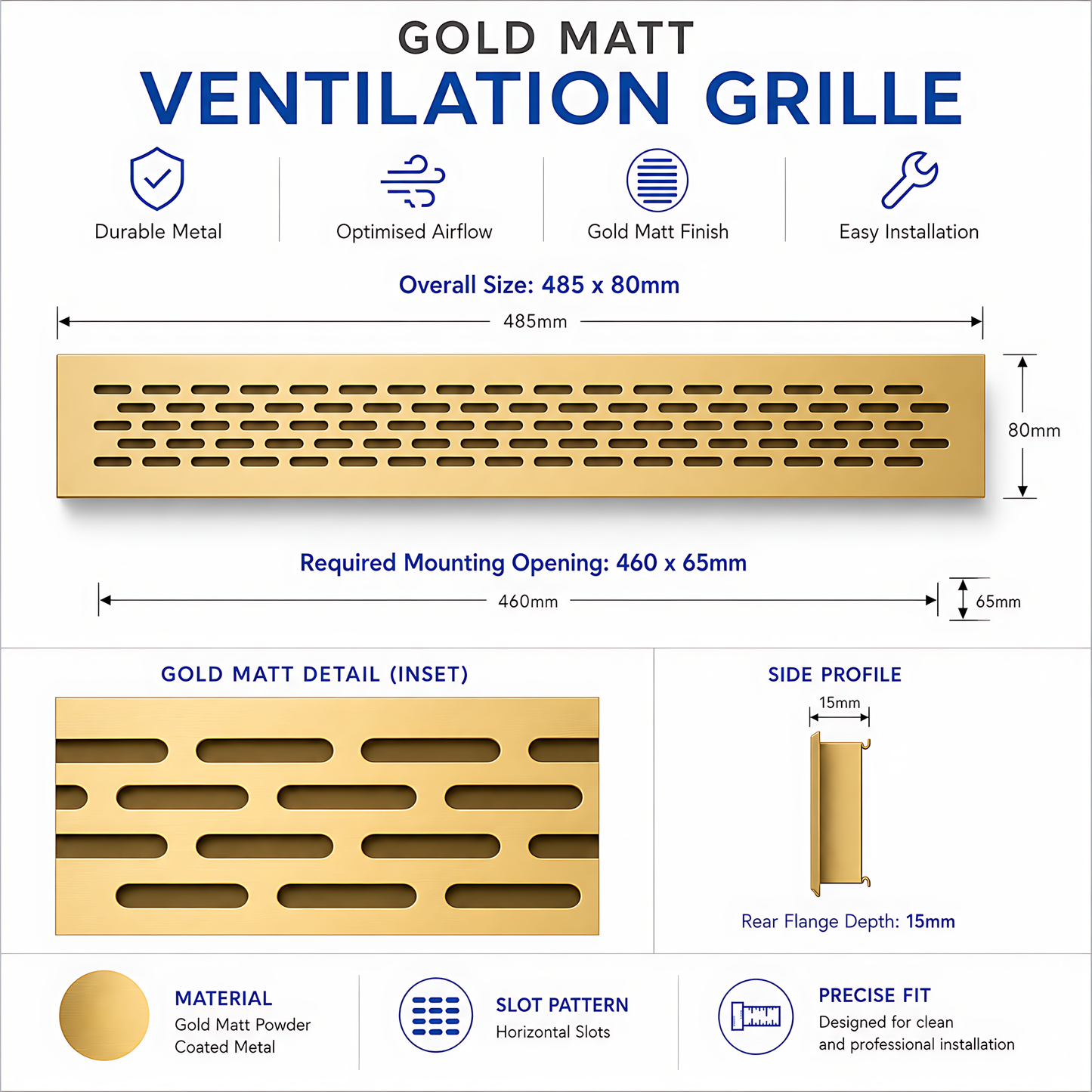 Rectangular Metal Ventilation Grille 460 x 65mm - Gold Matt Colour - Air Vent Cover,  485 x 80mm Overall, 15mm Flange
