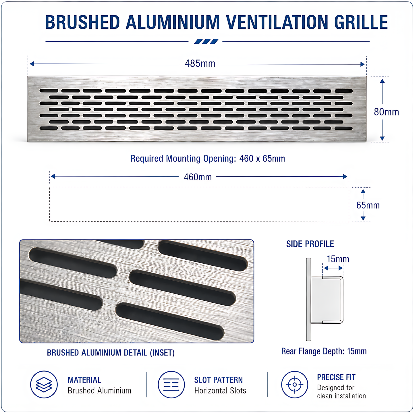 Rectangular Metal Ventilation Grille 460 x 65mm - Brushed Aluminium Colour - Air Vent Cover,  485 x 80mm Overall, 15mm Flange
