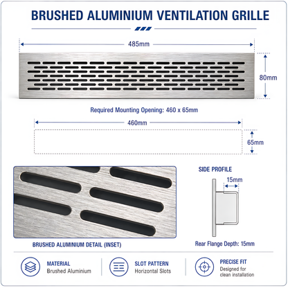 Rectangular Metal Ventilation Grille 460 x 65mm - Brushed Aluminium Colour - Air Vent Cover,  485 x 80mm Overall, 15mm Flange
