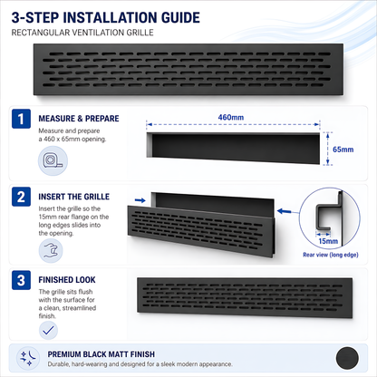 Rectangular Metal Ventilation Grille 460 x 65mm - Black Matt Colour - Air Vent Cover,  485 x 80mm Overall, 15mm Flange