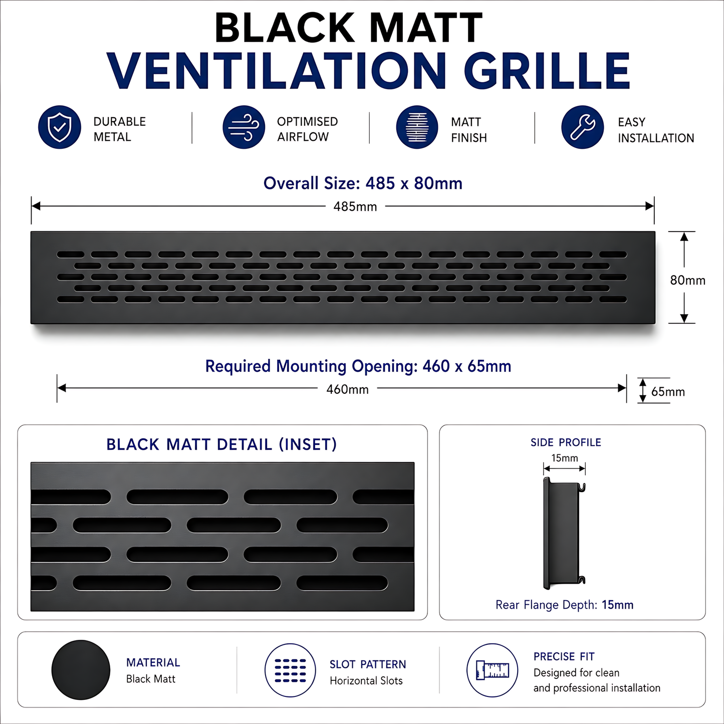 Rectangular Metal Ventilation Grille 460 x 65mm - Black Matt Colour - Air Vent Cover,  485 x 80mm Overall, 15mm Flange