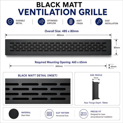 Rectangular Metal Ventilation Grille 460 x 65mm - Black Matt Colour - Air Vent Cover,  485 x 80mm Overall, 15mm Flange
