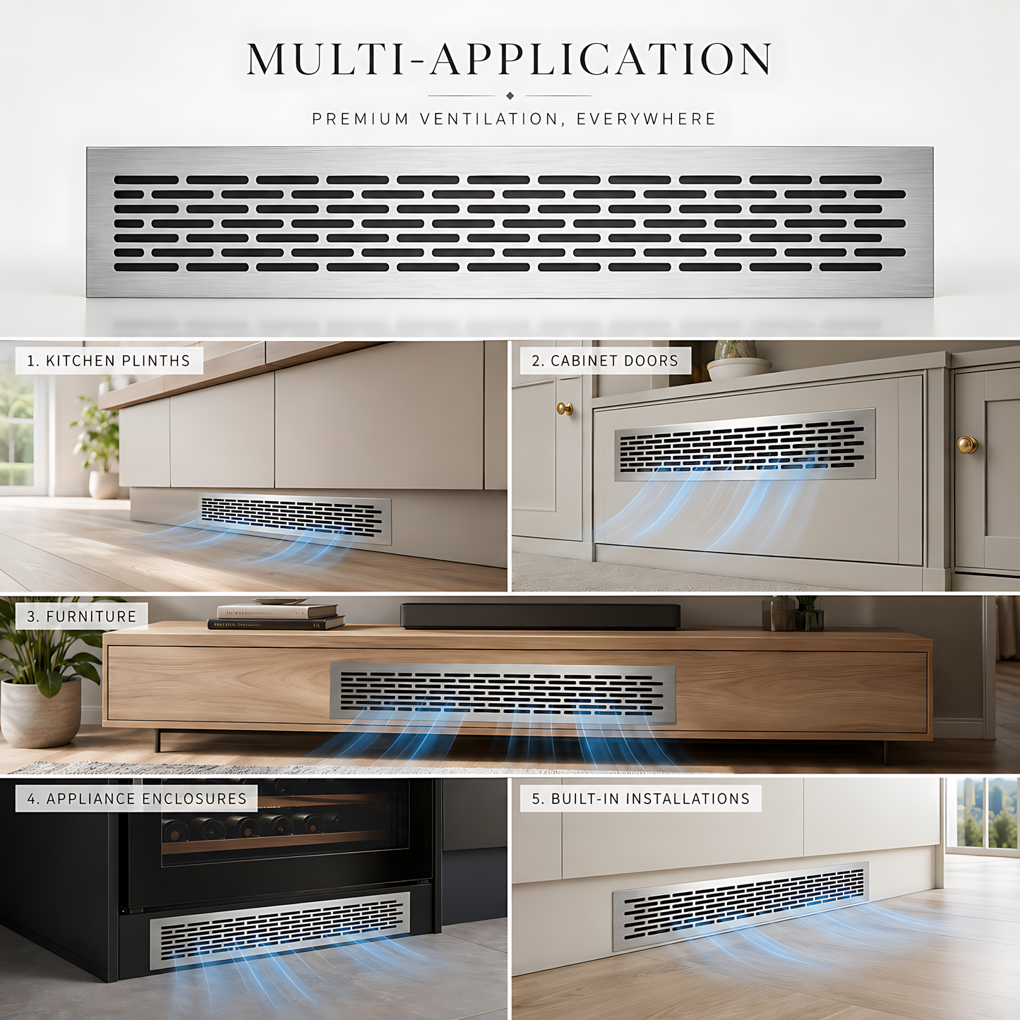 Rectangular Metal Ventilation Grille 460 x 65mm - Brushed Aluminium Colour - Air Vent Cover,  485 x 80mm Overall, 15mm Flange