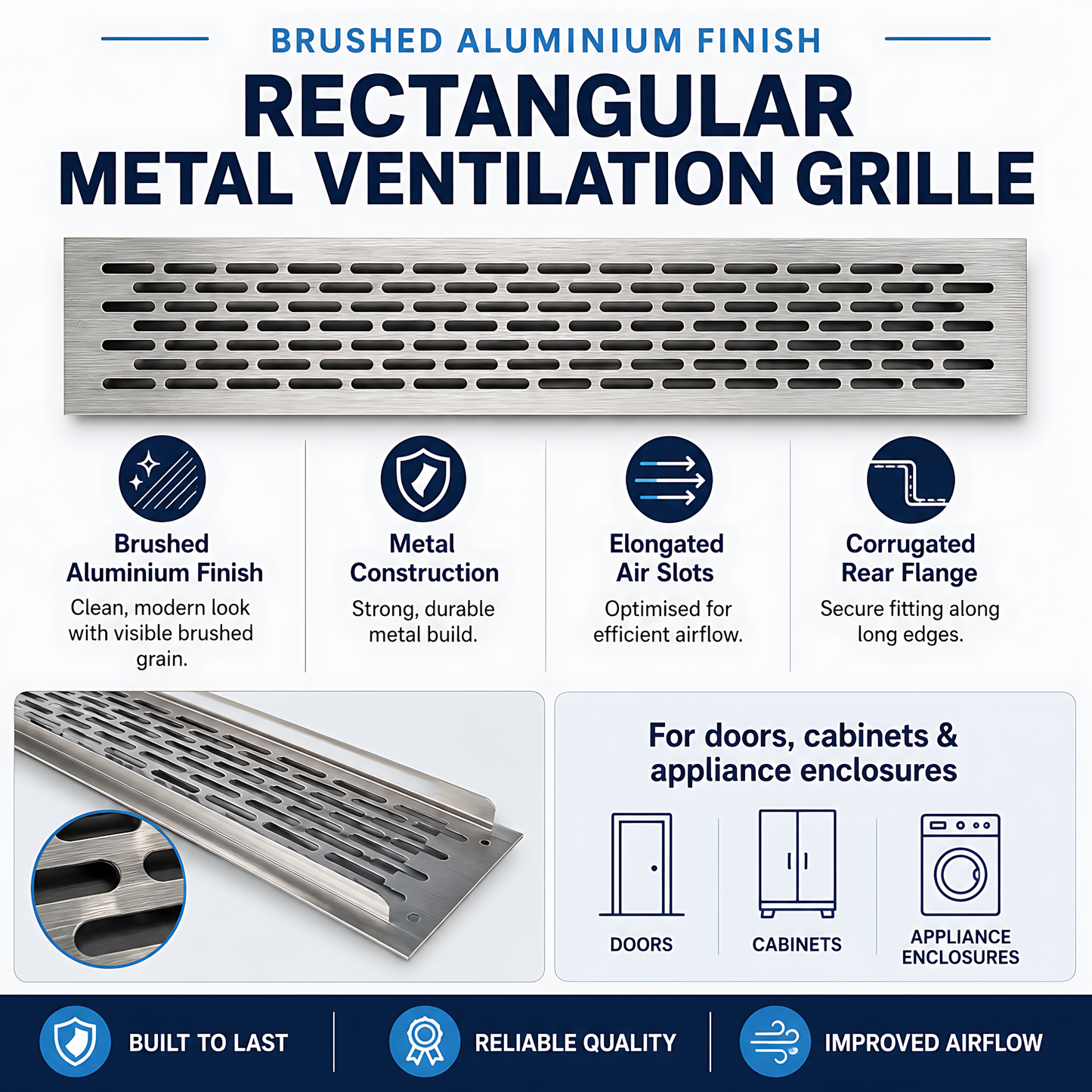 Rectangular Metal Ventilation Grille 460 x 65mm - Brushed Aluminium Colour - Air Vent Cover,  485 x 80mm Overall, 15mm Flange