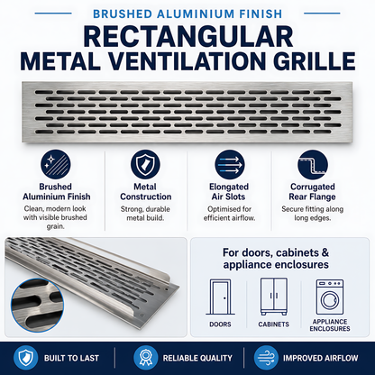 Rectangular Metal Ventilation Grille 460 x 65mm - Brushed Aluminium Colour - Air Vent Cover,  485 x 80mm Overall, 15mm Flange