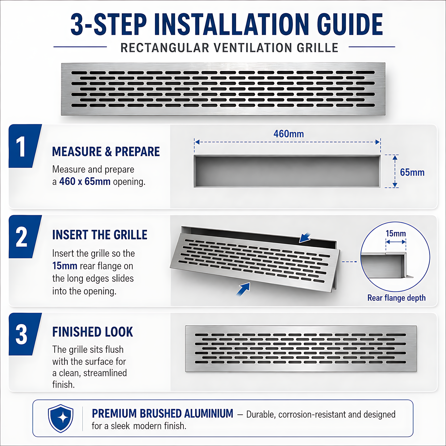 Rectangular Metal Ventilation Grille 460 x 65mm - Brushed Aluminium Colour - Air Vent Cover,  485 x 80mm Overall, 15mm Flange