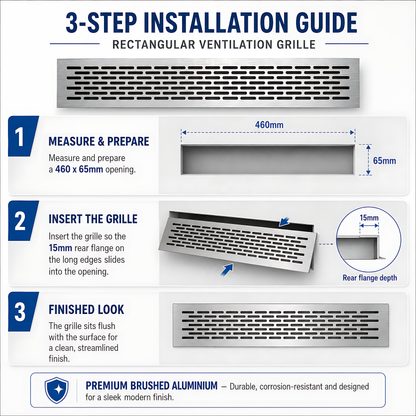 Rectangular Metal Ventilation Grille 460 x 65mm - Brushed Aluminium Colour - Air Vent Cover,  485 x 80mm Overall, 15mm Flange