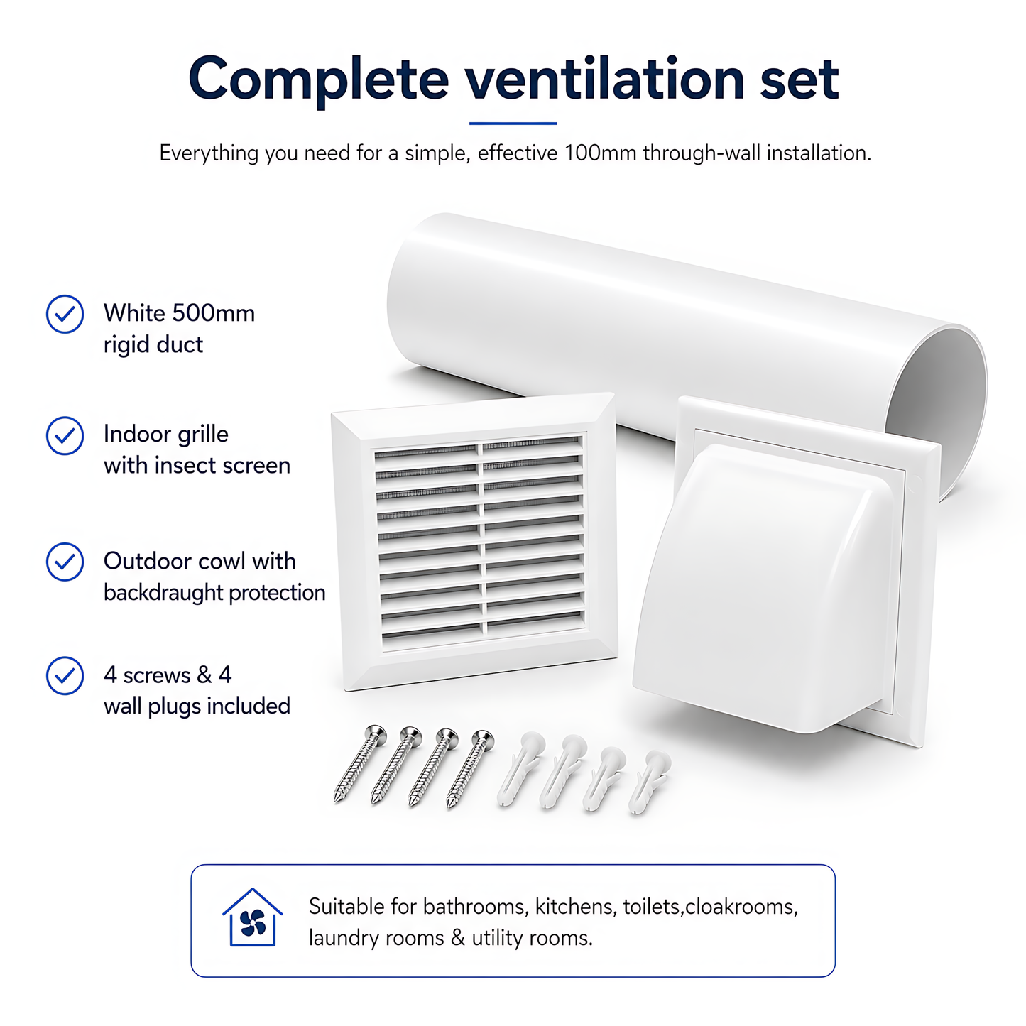 100mm 4 Inch Wall Vent Kit with 500mm Duct, Grille and Backdraught Cowl for Bathrooms, Kitchens, Toilets and Utility Rooms
