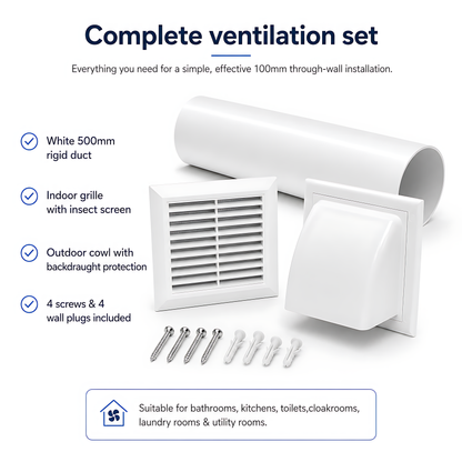 100mm 4 Inch Wall Vent Kit with 500mm Duct, Grille and Backdraught Cowl for Bathrooms, Kitchens, Toilets and Utility Rooms
