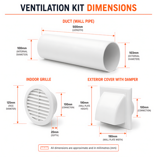 100mm 4 Inch Wall Vent Kit with 500mm Duct, Grille and Backdraught Cowl for Bathrooms, Kitchens, Toilets and Utility Rooms