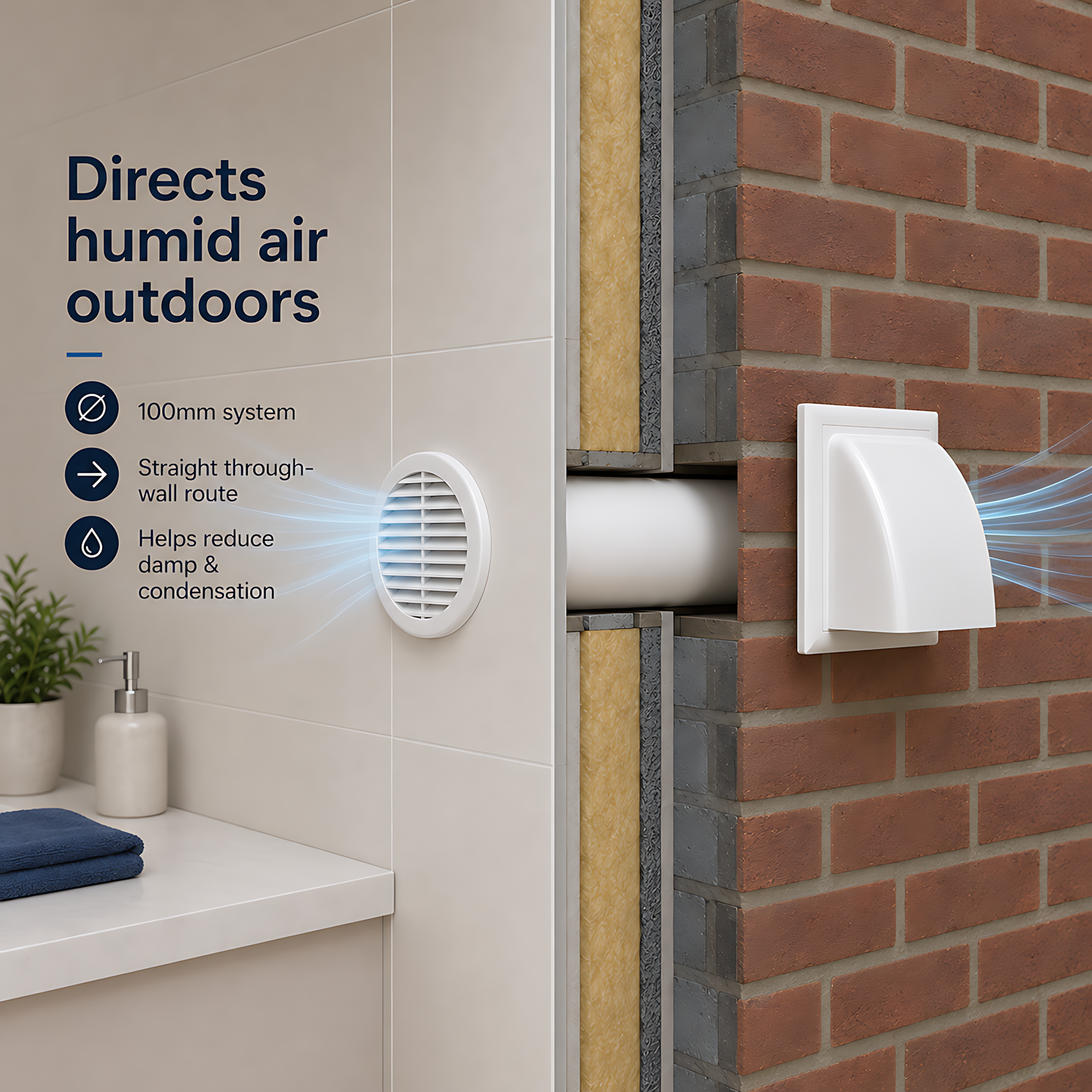 100mm 4 Inch Wall Vent Kit with 500mm Duct, Grille and Backdraught Cowl for Bathrooms, Kitchens, Toilets and Utility Rooms