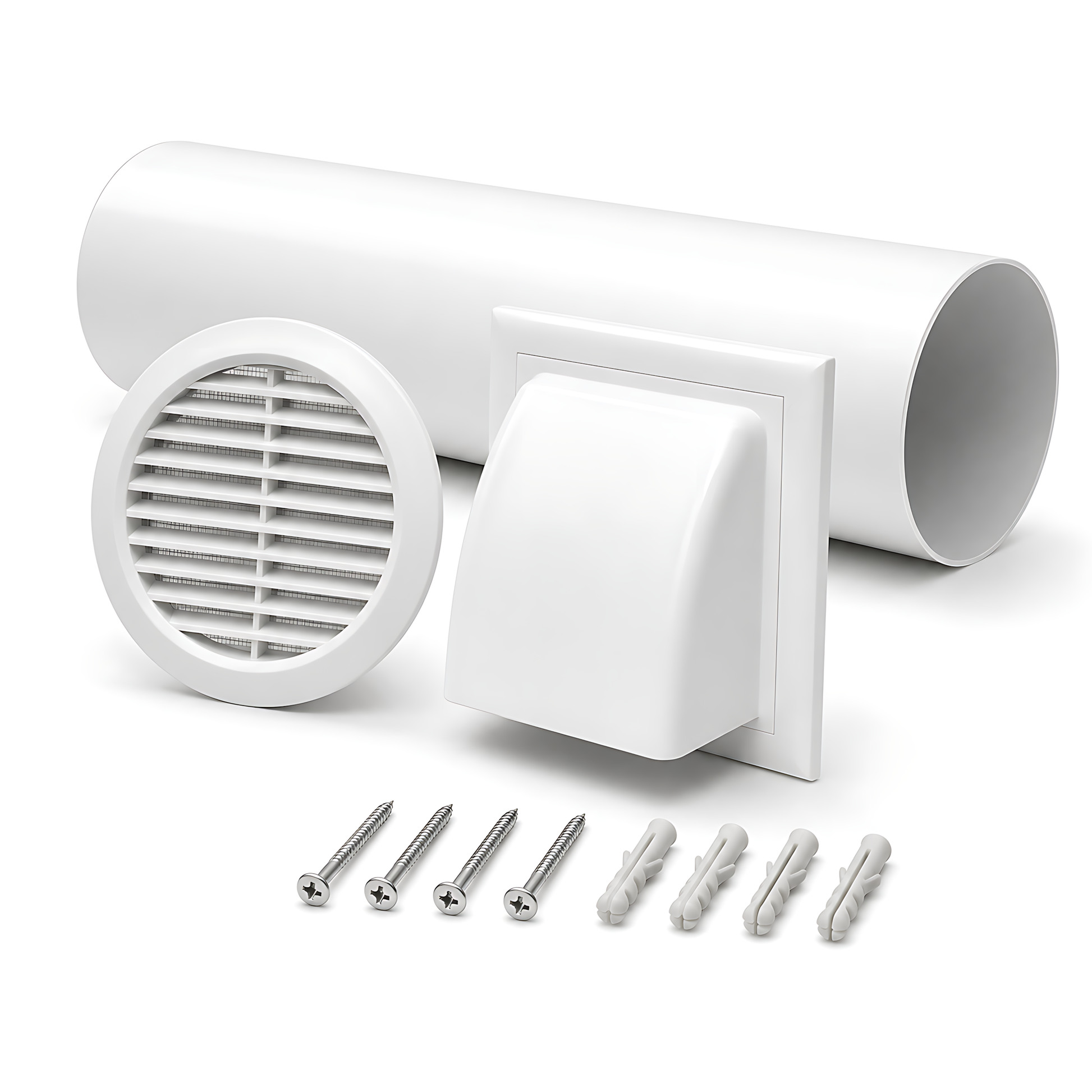 100mm 4 Inch Wall Vent Kit with 500mm Duct, Grille and Backdraught Cowl for Bathrooms, Kitchens, Toilets and Utility Rooms