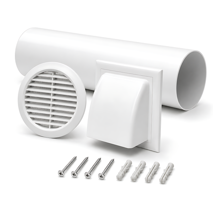 100mm 4 Inch Wall Vent Kit with 500mm Duct, Grille and Backdraught Cowl for Bathrooms, Kitchens, Toilets and Utility Rooms