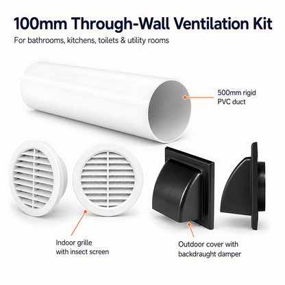 100mm Wall Vent Kit with 500mm Duct, Grille & Black Backdraught Cowl for Bathrooms, Kitchens, Toilets, Cloakrooms & Utility Rooms