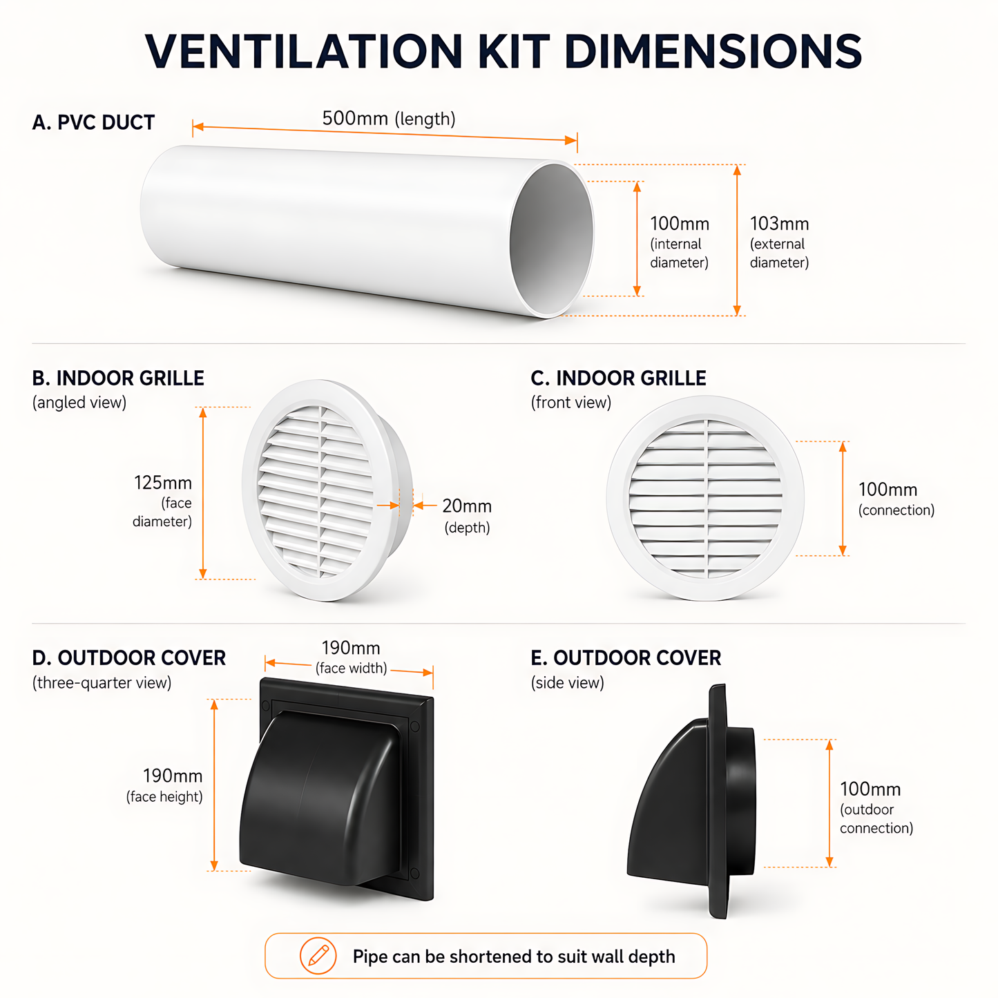 100mm Wall Vent Kit with 500mm Duct, Grille & Black Backdraught Cowl for Bathrooms, Kitchens, Toilets, Cloakrooms & Utility Rooms