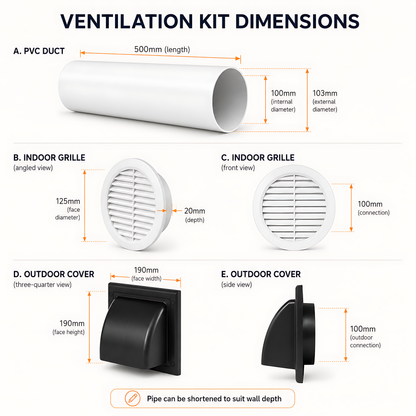 100mm Wall Vent Kit with 500mm Duct, Grille & Black Backdraught Cowl for Bathrooms, Kitchens, Toilets, Cloakrooms & Utility Rooms