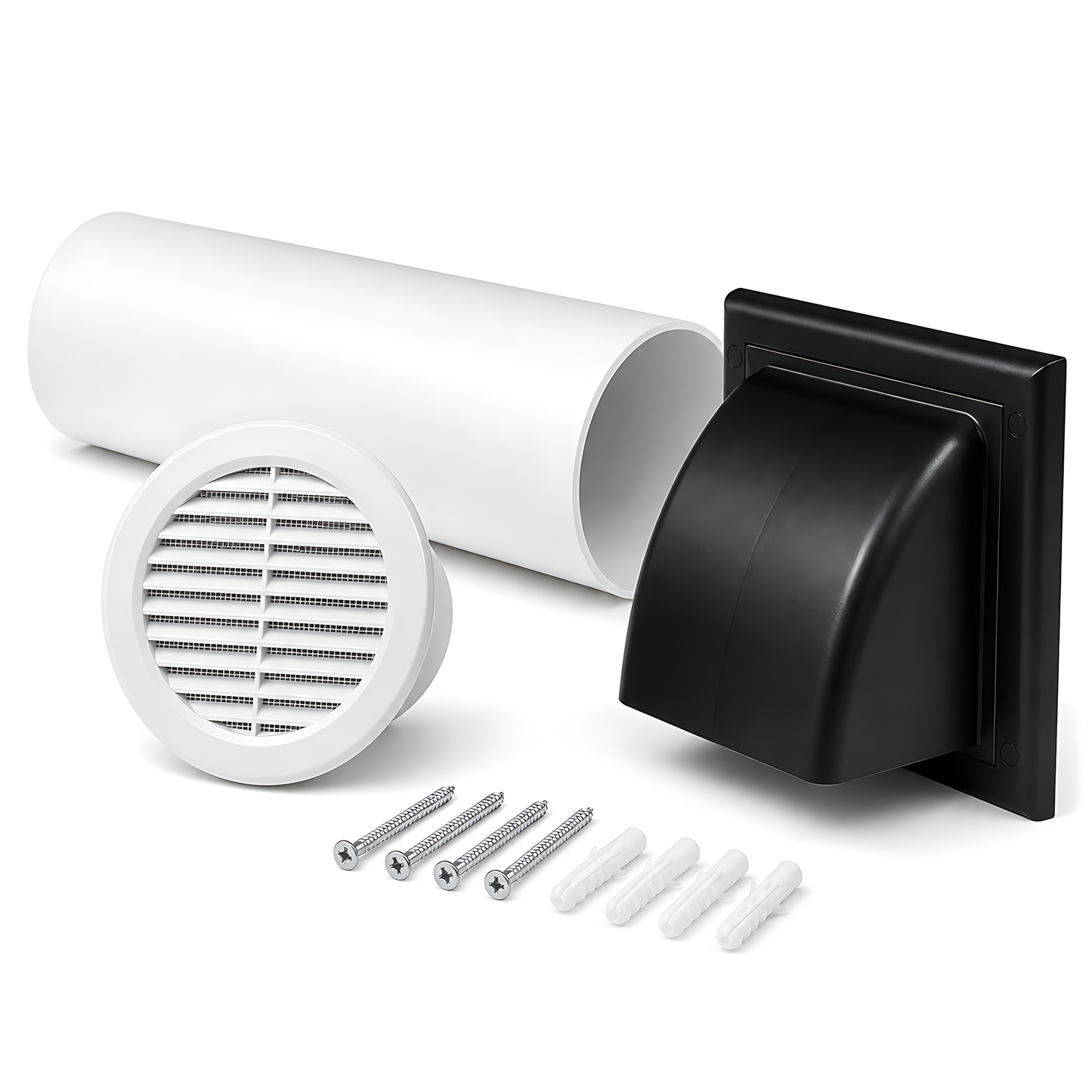 100mm Wall Vent Kit with 500mm Duct, Grille & Black Backdraught Cowl for Bathrooms, Kitchens, Toilets, Cloakrooms & Utility Rooms