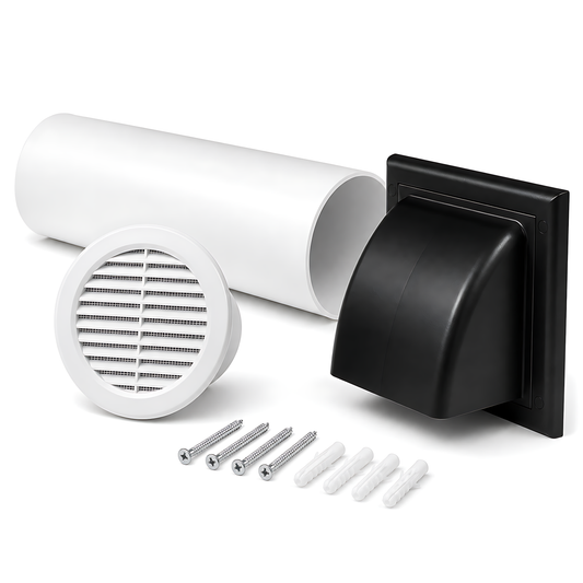 100mm Wall Vent Kit with 500mm Duct, Grille & Black Backdraught Cowl for Bathrooms, Kitchens, Toilets, Cloakrooms & Utility Rooms