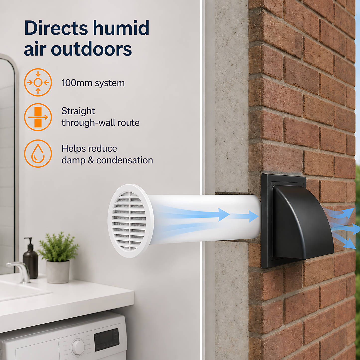 100mm Wall Vent Kit with 500mm Duct, Grille & Black Backdraught Cowl for Bathrooms, Kitchens, Toilets, Cloakrooms & Utility Rooms