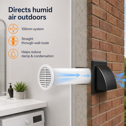 100mm Wall Vent Kit with 500mm Duct, Grille & Black Backdraught Cowl for Bathrooms, Kitchens, Toilets, Cloakrooms & Utility Rooms