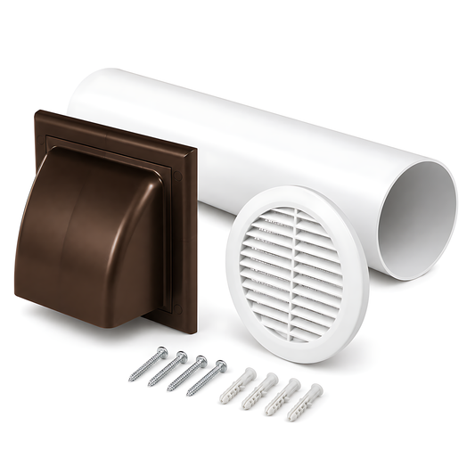 100mm Wall Vent Kit with 500mm Duct, Grille & Brown Backdraught Cowl for Bathrooms, Kitchens, Toilets, Cloakrooms & Utility Rooms