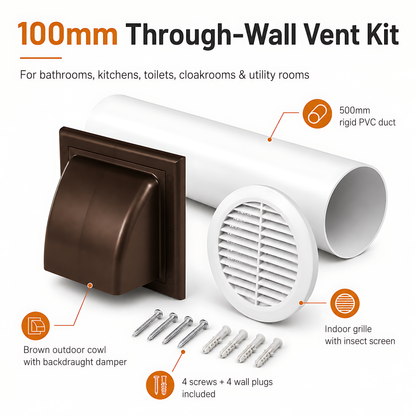 100mm Wall Vent Kit with 500mm Duct, Grille & Brown Backdraught Cowl for Bathrooms, Kitchens, Toilets, Cloakrooms & Utility Rooms