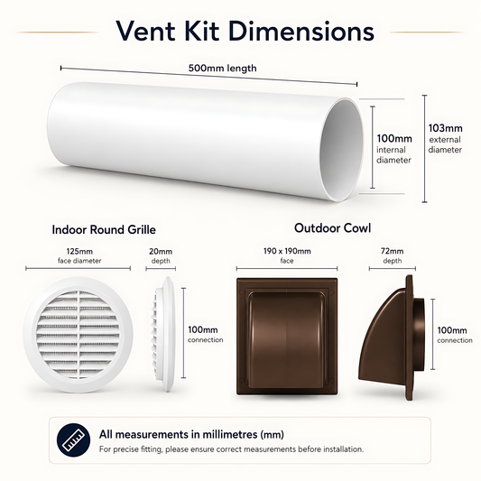 100mm Wall Vent Kit with 500mm Duct, Grille & Brown Backdraught Cowl for Bathrooms, Kitchens, Toilets, Cloakrooms & Utility Rooms