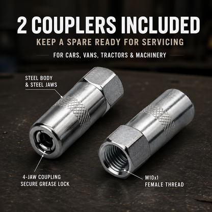 2 x Steel 4-Jaw Grease Gun Couplers Tips M10x1 for Hydraulic Grease Nipples for Cars, Tractors, Excavators, Agricultural Machinery