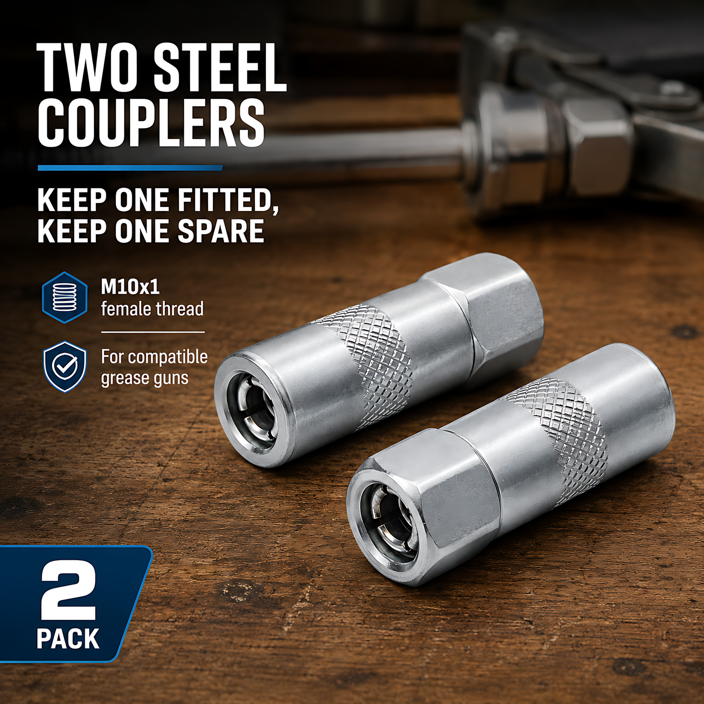 2 x Steel 4-Jaw Grease Gun Couplers Tips M10x1 for Hydraulic Grease Nipples for Cars, Tractors, Excavators, Agricultural Machinery