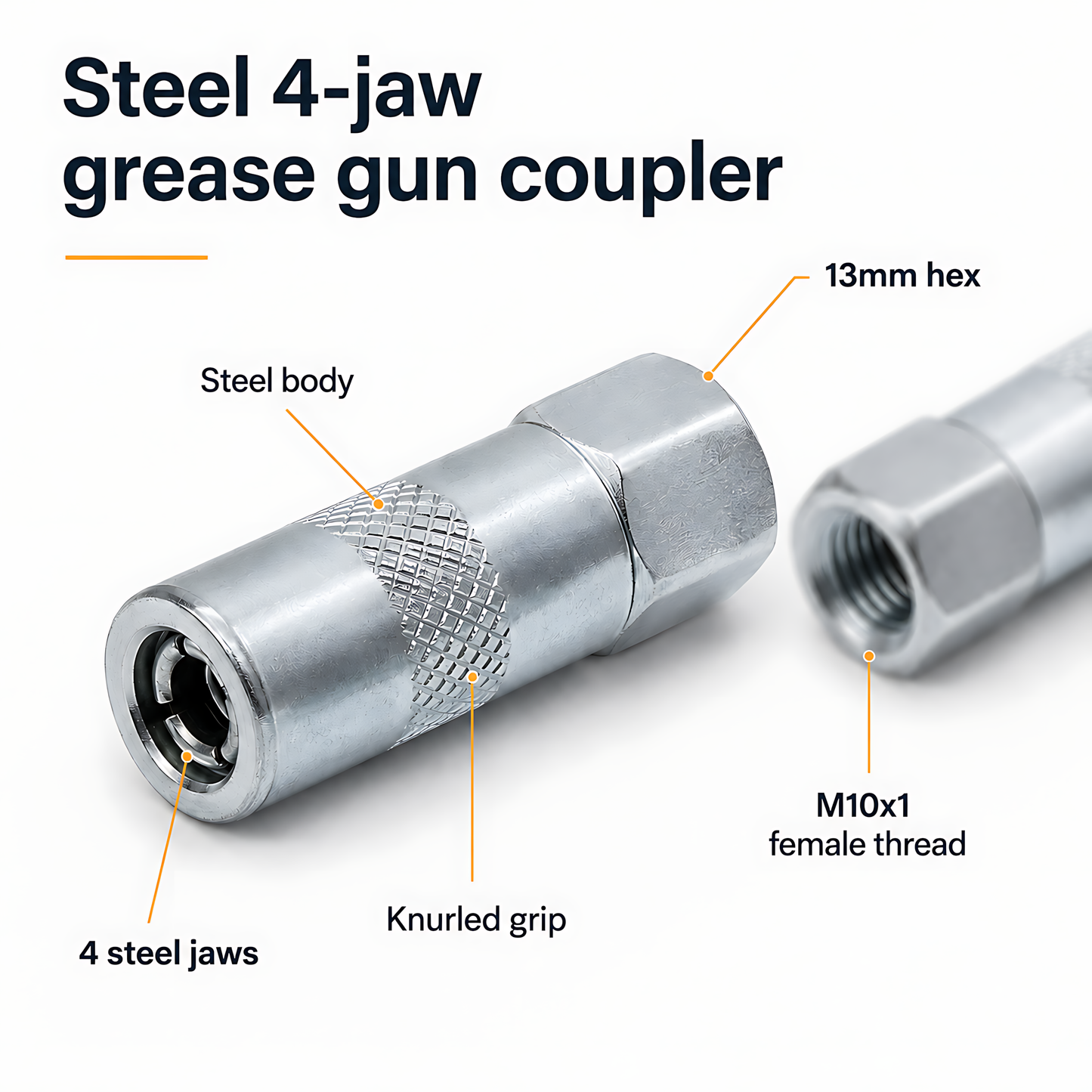 2 x Steel 4-Jaw Grease Gun Couplers Tips M10x1 for Hydraulic Grease Nipples for Cars, Tractors, Excavators, Agricultural Machinery