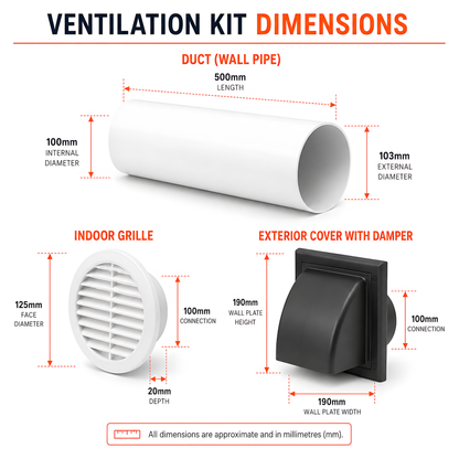 100mm 4 Inch Wall Vent Kit, 500mm Duct, Grille, Graphite Backdraught Cowl for Bathrooms, Kitchens, Toilets & Utility Rooms