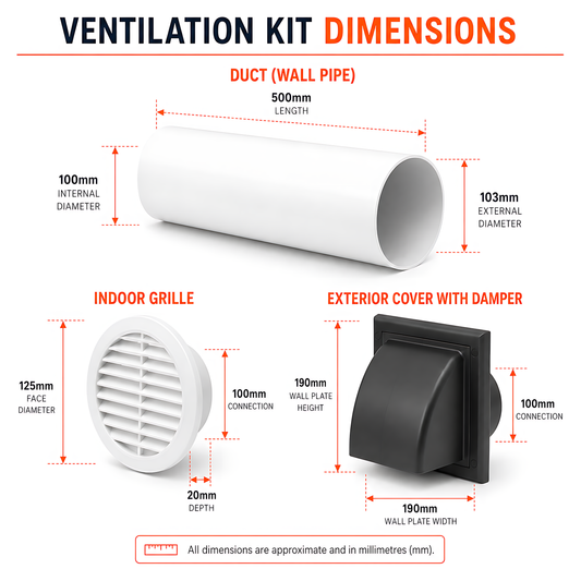 100mm 4 Inch Wall Vent Kit, 500mm Duct, Grille, Graphite Backdraught Cowl for Bathrooms, Kitchens, Toilets & Utility Rooms