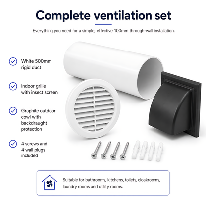 100mm 4 Inch Wall Vent Kit, 500mm Duct, Grille, Graphite Backdraught Cowl for Bathrooms, Kitchens, Toilets & Utility Rooms