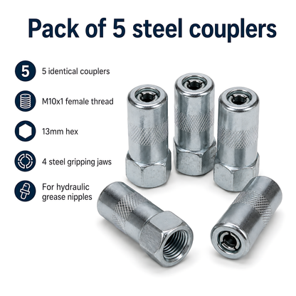 5 x Steel 4-Jaw Grease Gun Couplers Tips M10x1 for Hydraulic Grease Nipples for Cars, Tractors, Excavators, Agricultural Machinery